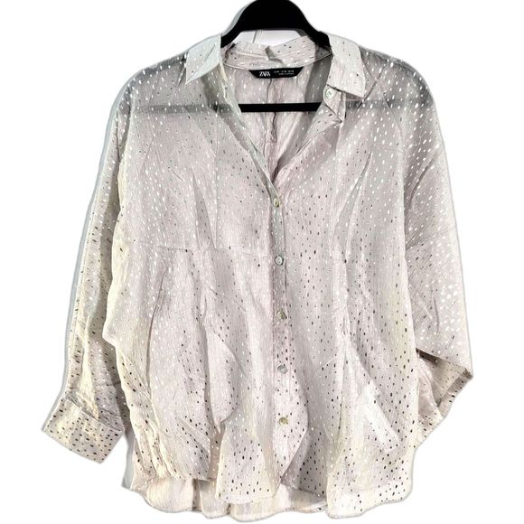 Zara White Semi Sheer Silver Metallic Sparkle Long Slv Button Up Collar Shirt M - Picture 1 of 7